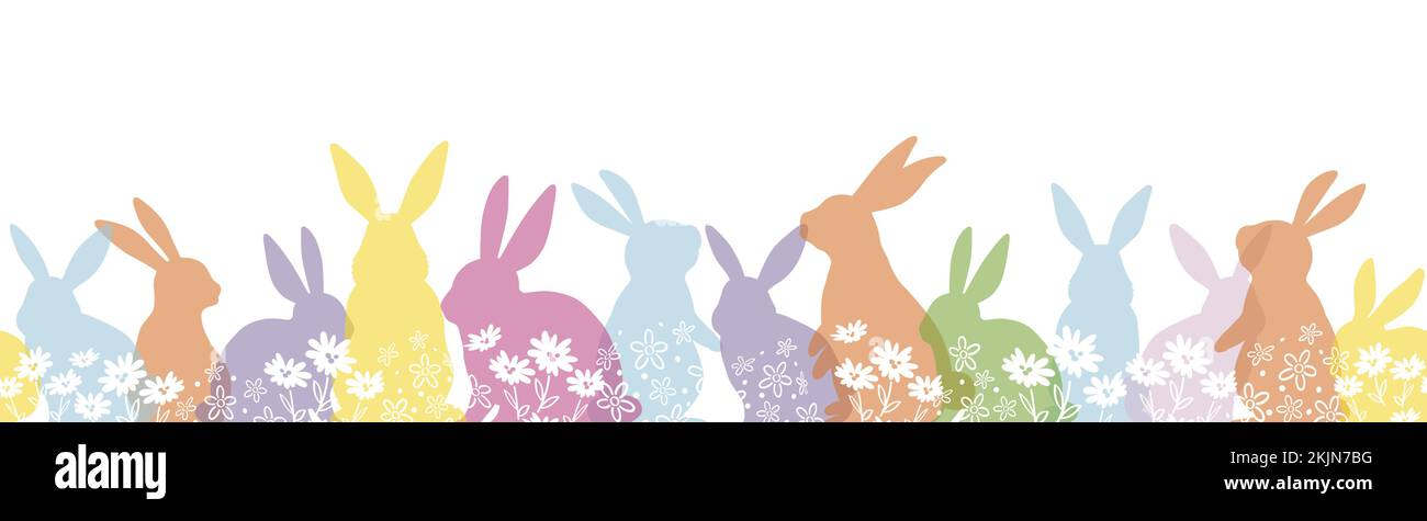 Happy Easter Vector fond sans couture avec silhouette colorée de lapin de Pâques isolée sur Fond blanc. Répétable horizontalement. Illustration de Vecteur