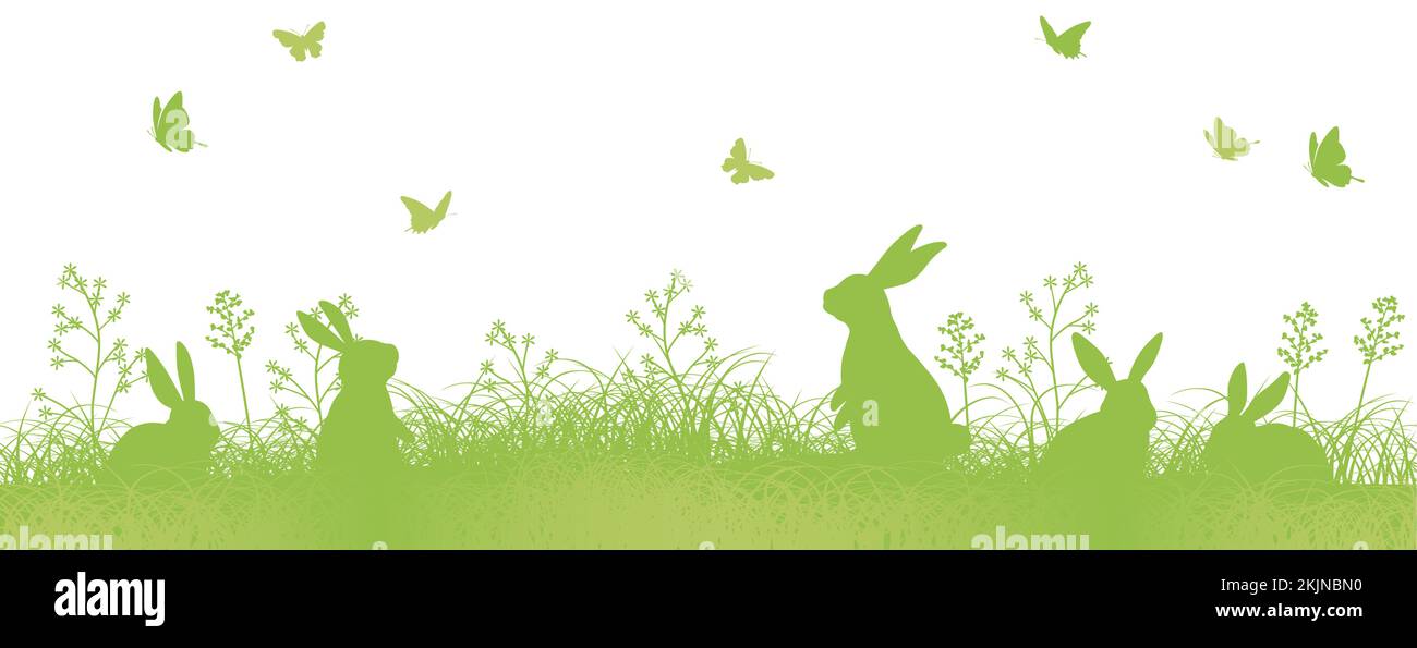 Illustration du fond vectoriel sans couture de Pâques avec silhouettes de lapin dans Un champ de grassy. Répétable horizontalement. Illustration de Vecteur