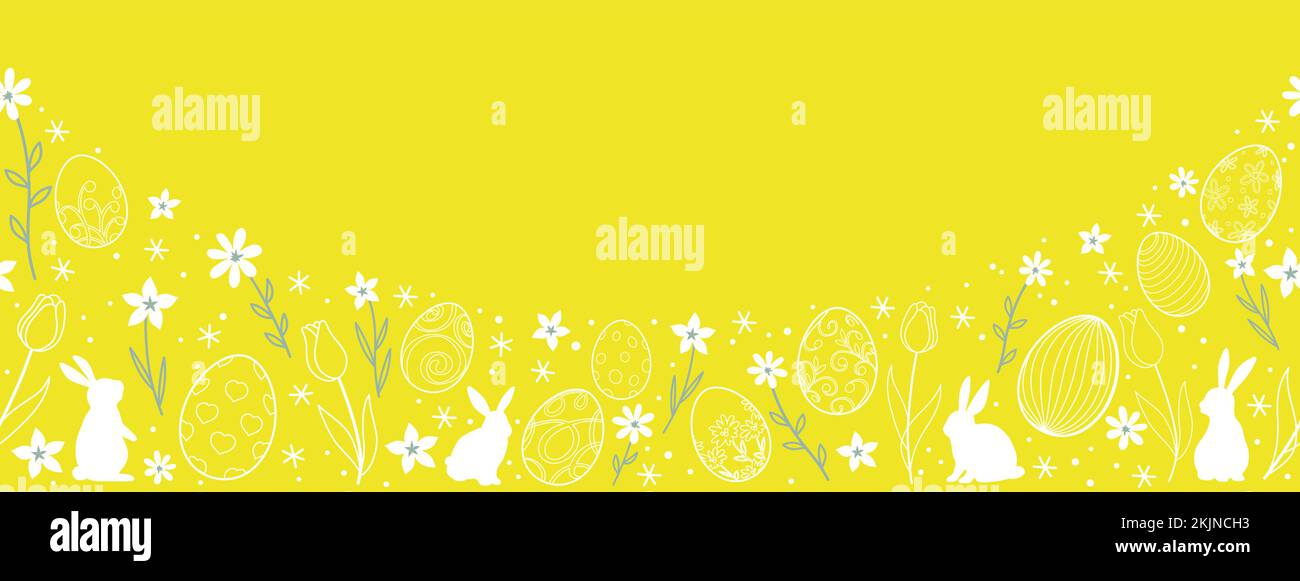 Illustration d'arrière-plan sans couture du vecteur de Pâques avec lapins de Pâques, œufs, fleurs et Un espace de texte sur Fond jaune. Répétable horizontalement. Illustration de Vecteur