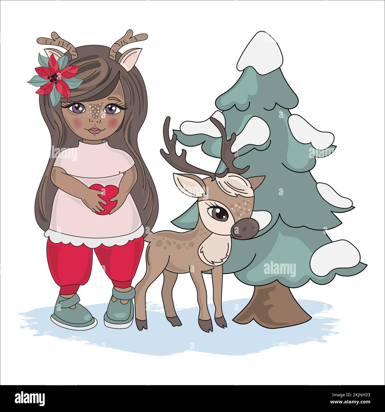 FILLE DEER Forest Animal Cartoon Joyeux Noël nouvel an Vector Illustration pour impression Illustration de Vecteur