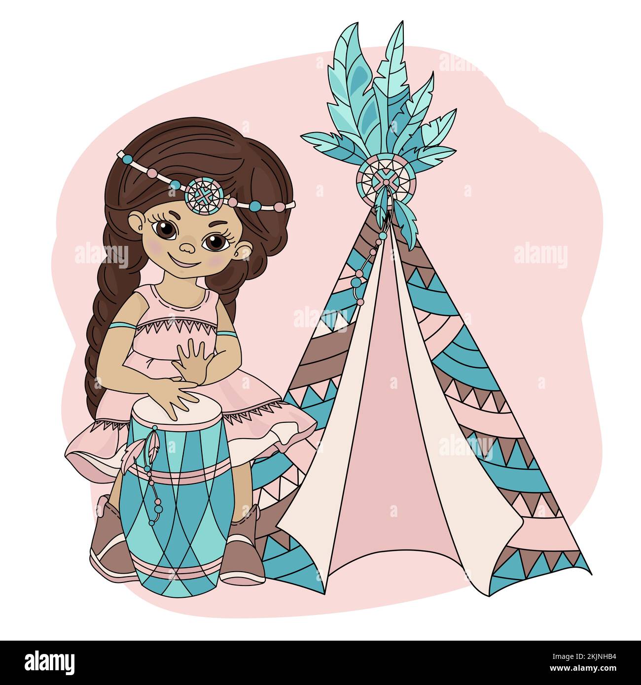 GIRL WIGWAM American Native Pocahontas Indians Princess Home Vector Illustration Set for Print Illustration de Vecteur