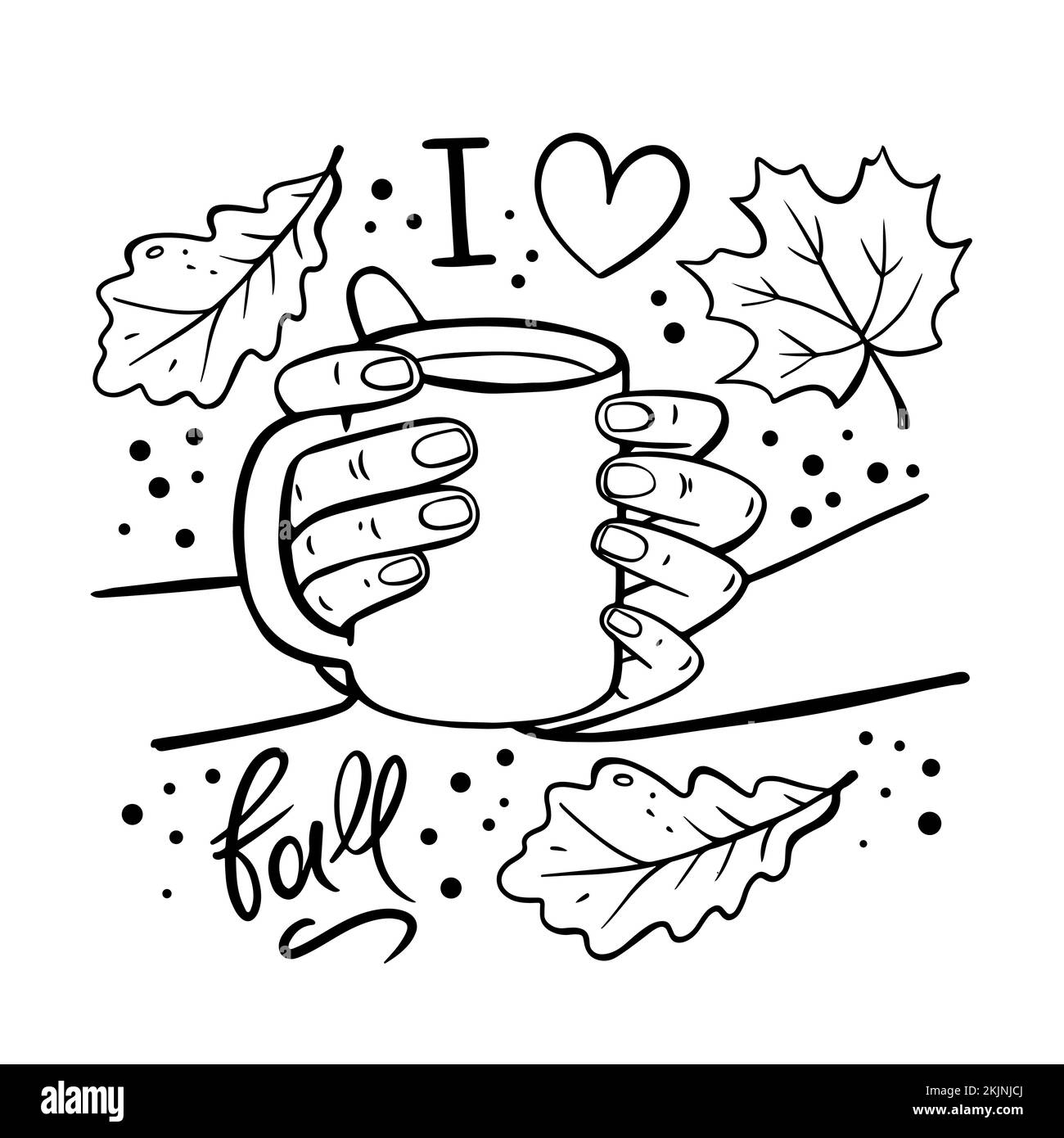 FILLE TENANT UNE TASSE DE CAFÉ dans ses mains automne jardin nature dessin à la main dessin de dessin animé Monochrome clip Art Vector Illustration Set pour l'impression Illustration de Vecteur