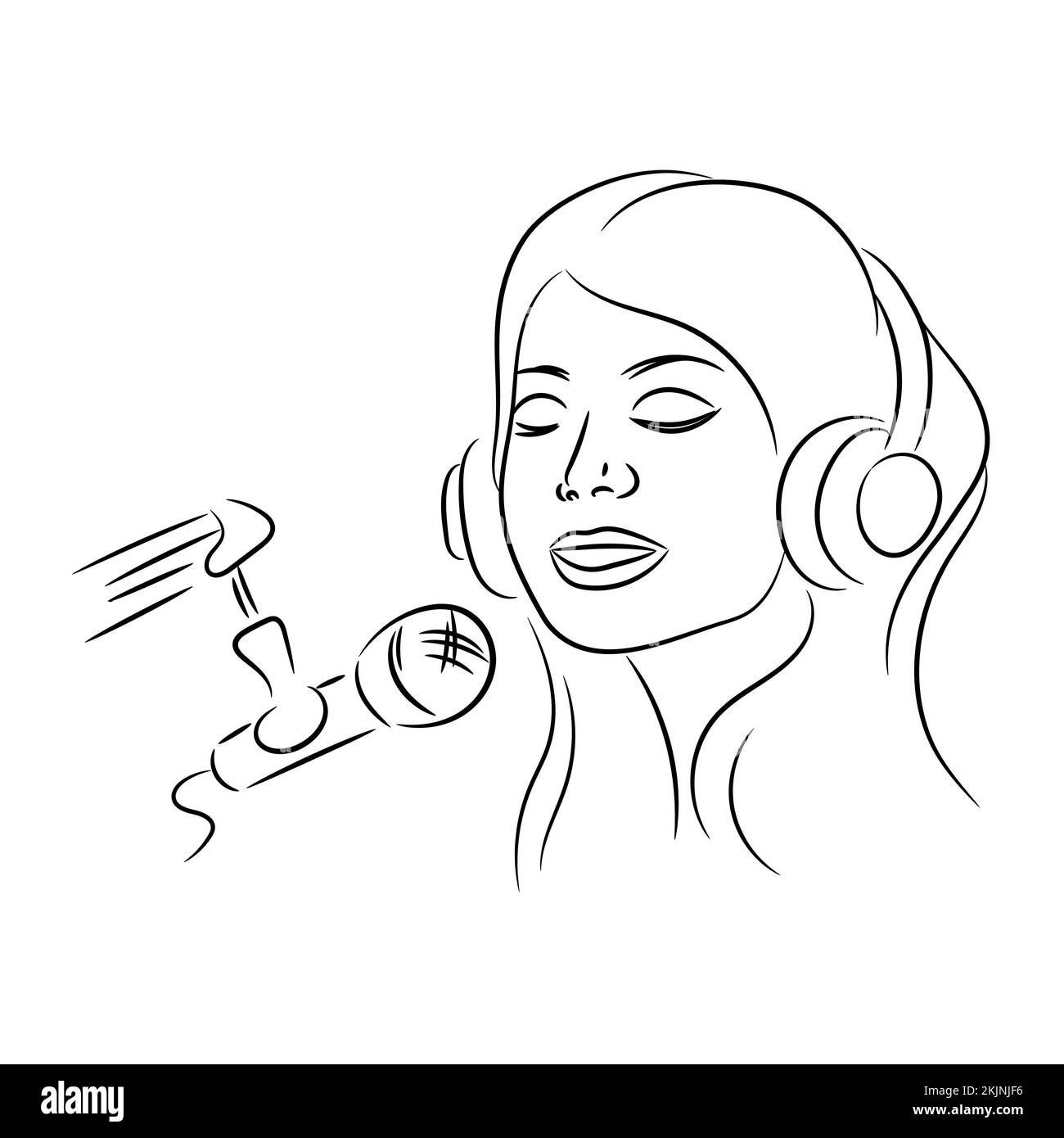 GIRL SING musique son enregistrement vidéo Podcast Internet en ligne Monochrome Vector Illustration Set pour l'impression Illustration de Vecteur