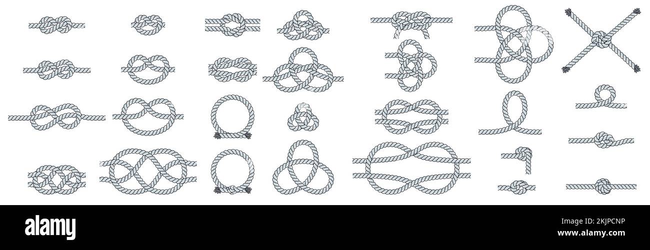 Ensemble de nœuds de corde. Boucles nautiques, de voyage et décoratives. Cordon torsadé Illustration de Vecteur