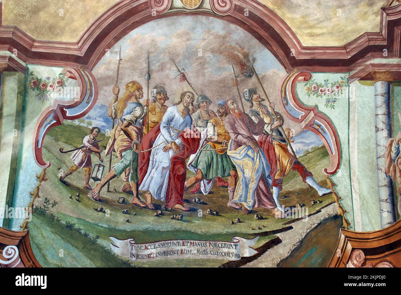 Jésus est trahi par Judas et arrêté, en plein air dans l'église paroissiale de notre Dame de la neige à Kutina, Croatie Banque D'Images