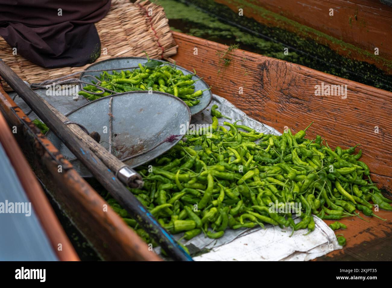 Inde, Srinagar, 2022-07-29. Balance utilisée pour peser les légumes sur le marché flottant de Srinagar. Photographie par Alexander BEE / Hans Lucas. Inde, Srinag Banque D'Images