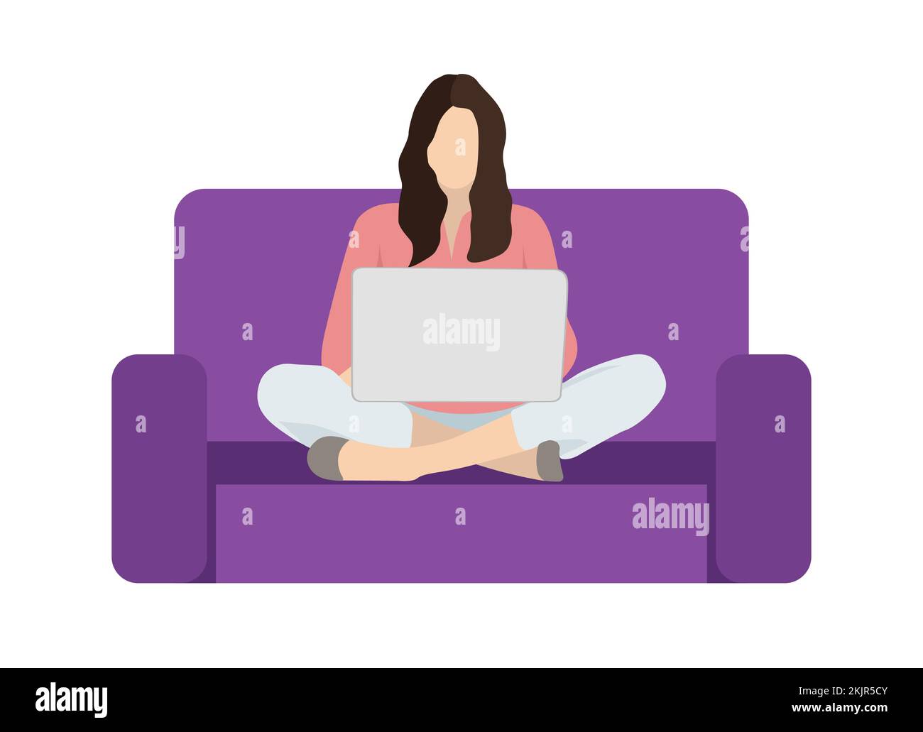 Femme avec ordinateur portable sur le canapé. Cheveux longs, pas de visage, illustration vectorielle. Illustration de Vecteur