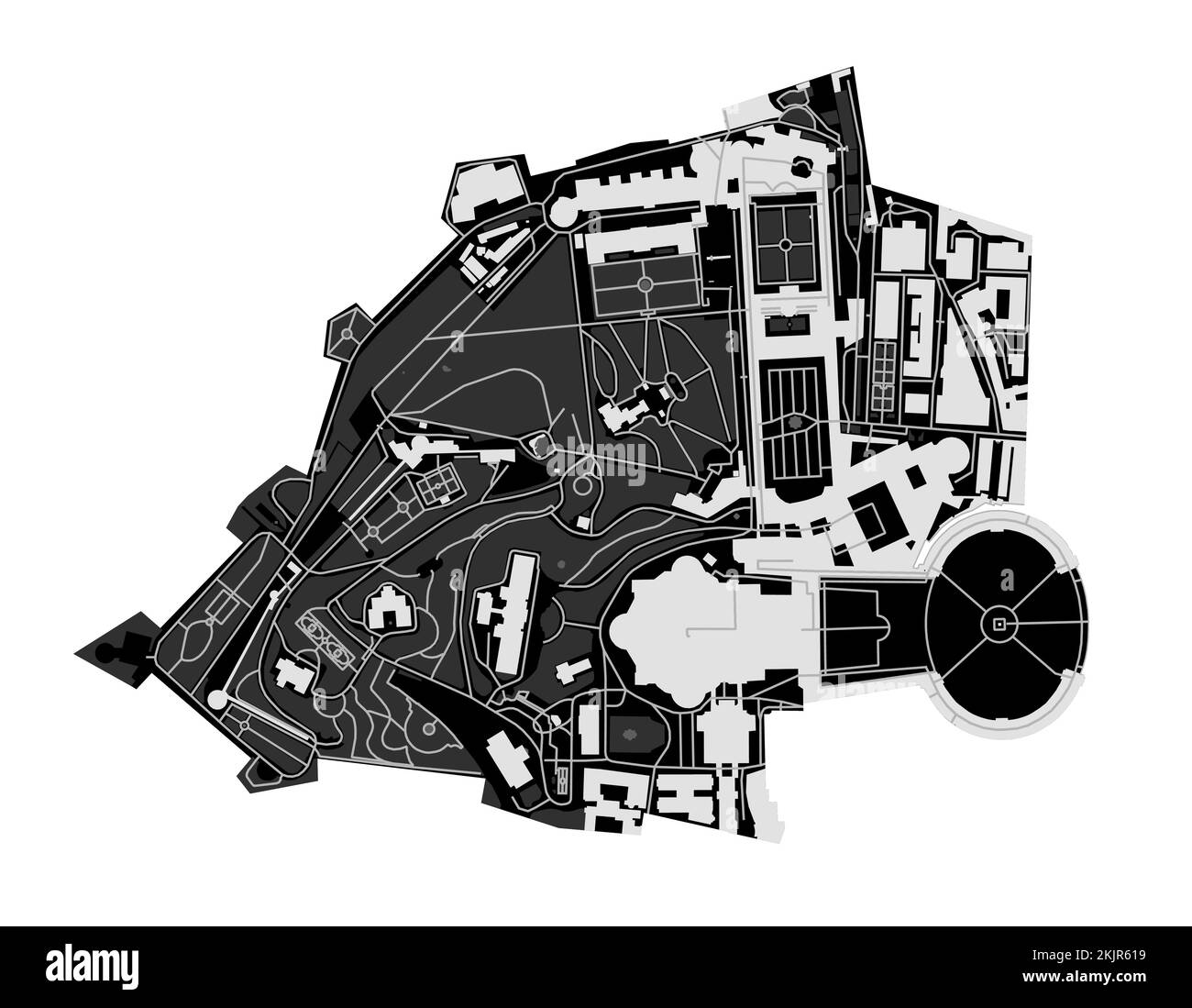Carte vectorielle du Vatican. Carte vectorielle détaillée de la zone administrative de la Cité du Vatican. Vue sur l'aria métropolitain avec affiche CityScape. Terre noire avec bâtiments blancs, Illustration de Vecteur