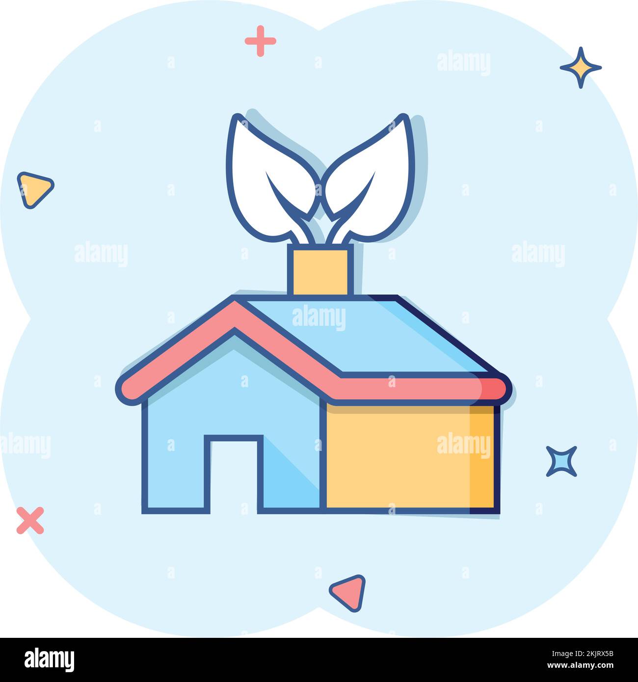 Icône de la maison écologique en style comique. Maison avec dessin animé feuille sur fond blanc isolé. Panneau effet éclaboussures pour bâtiment botanique busi Illustration de Vecteur