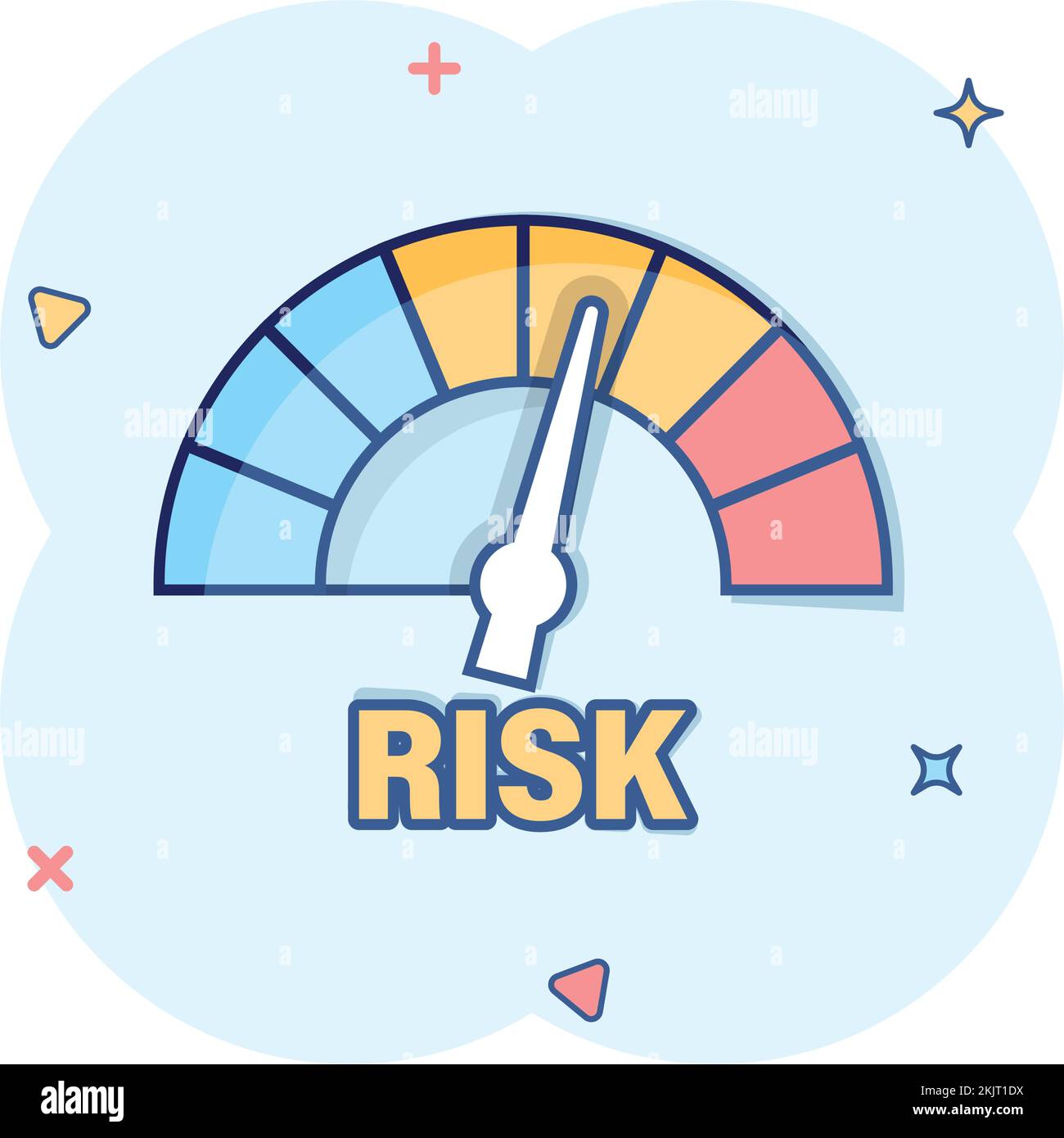 Icône de mesure de risque en style comique. Illustration vectorielle de l'indicateur de notation sur fond blanc isolé. L'indicateur de niveau de carburant a un effet sur les éclaboussures du conc. Commercial Illustration de Vecteur