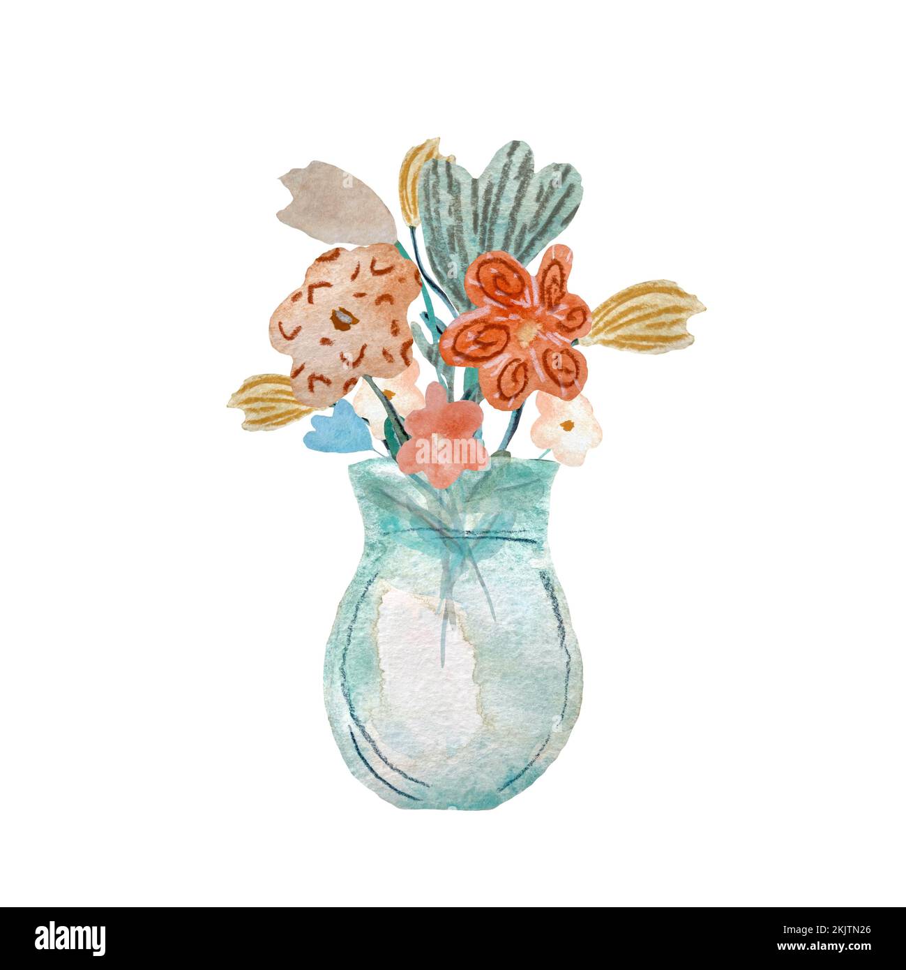 Bouquet fleur vase texturé un croquis d'aquarelle Banque D'Images