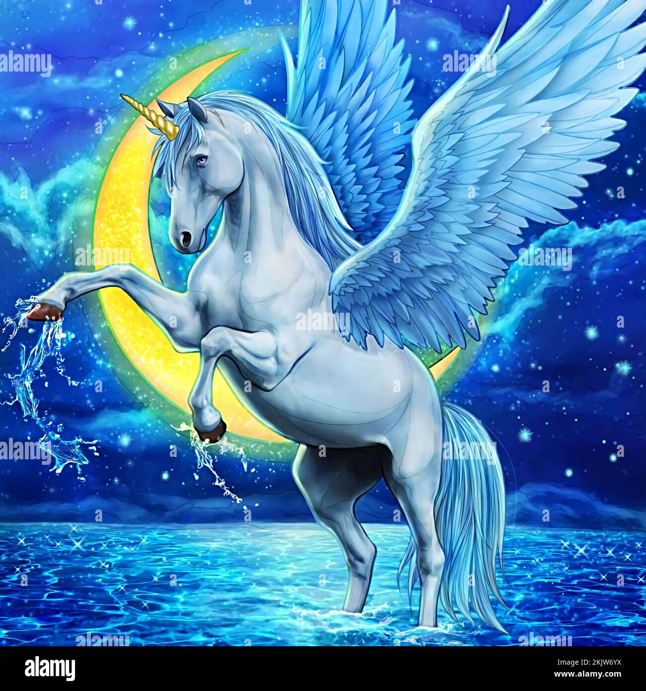 Illustration d'une Pegasus violette debout sur un nuage dans le ciel Banque D'Images