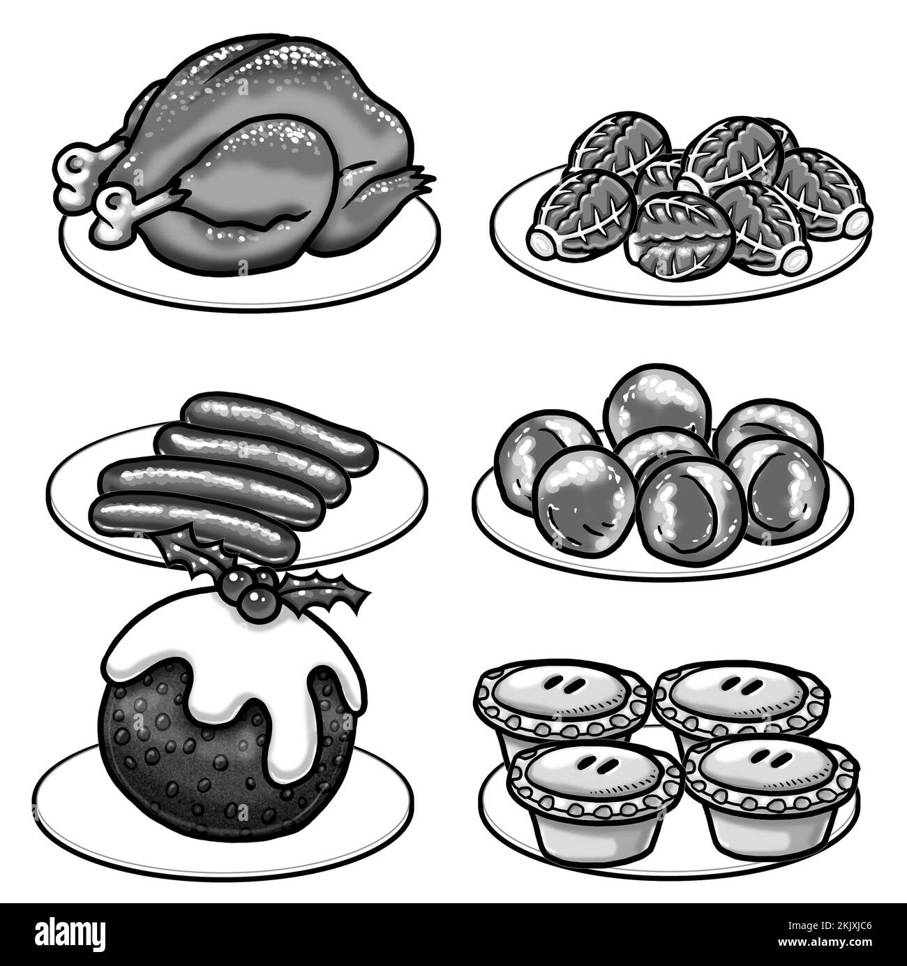 Art noir et blanc montrant une sélection de plats de Noël traditionnels, dinde, pudding, pousses, tartes à la viande, pommes de terre rôties, cochons en couvertures, colorier Banque D'Images