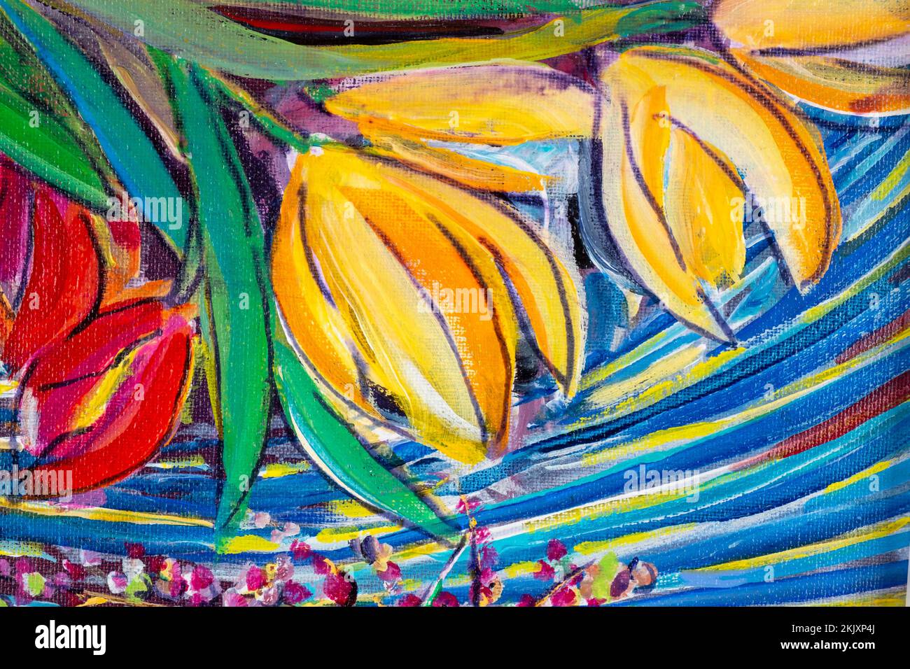 Peinture acrylique d'origine multicolore et dynamique, gros plan sur les travaux de pinceau et les textures de toile. Tulipes, fleurs coupées. Banque D'Images