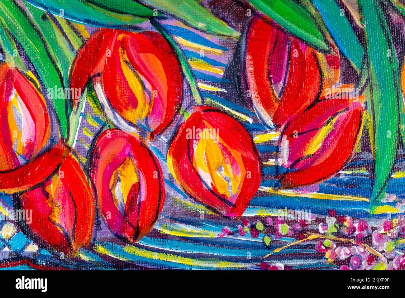 Peinture acrylique d'origine multicolore et dynamique, gros plan sur les travaux de pinceau et les textures de toile. Tulipes, fleurs coupées. Banque D'Images