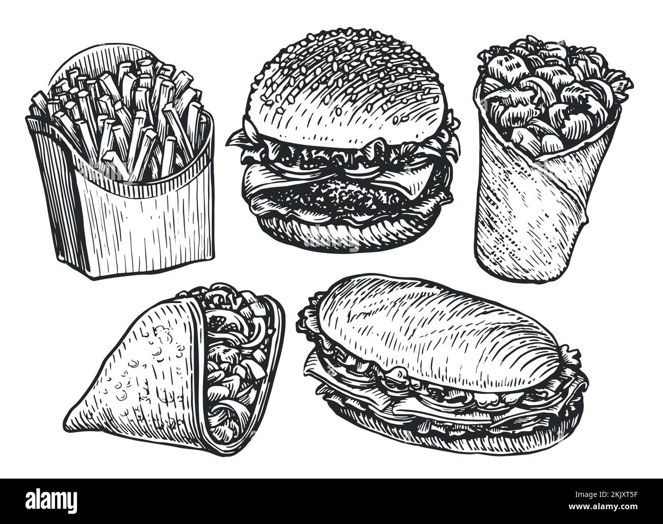 Croquis de la série Fast Food. Hamburger, frites, burrito, sandwich, tacos. Illustration de vecteur de concept de nourriture de rue, à emporter Illustration de Vecteur