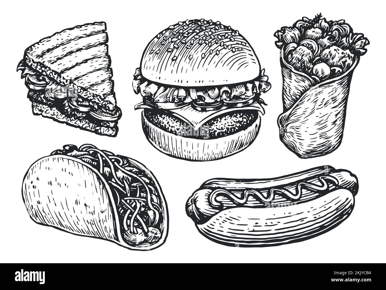 Croquis de la série Fast Food. Hamburger, hot dog, burrito, sandwich, tacos. Illustration de vecteur de concept de nourriture de rue, à emporter Illustration de Vecteur
