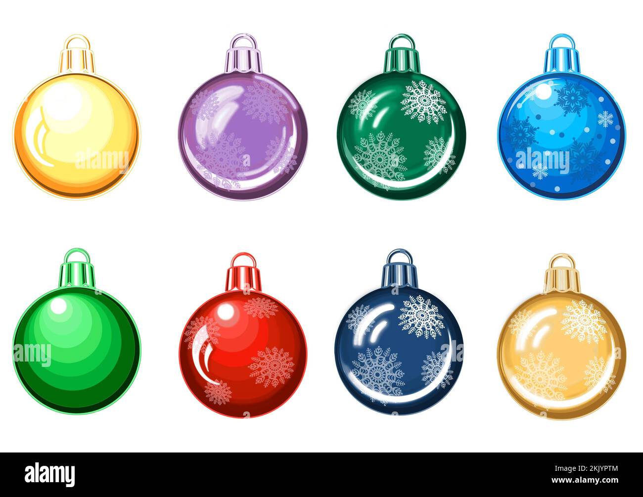 Lot de boules de Noël colorées. Illustration JPEG clipart pour autocollants, création de motifs, papier peint, papier d'emballage, pour cartes postales, modèle de conception Banque D'Images