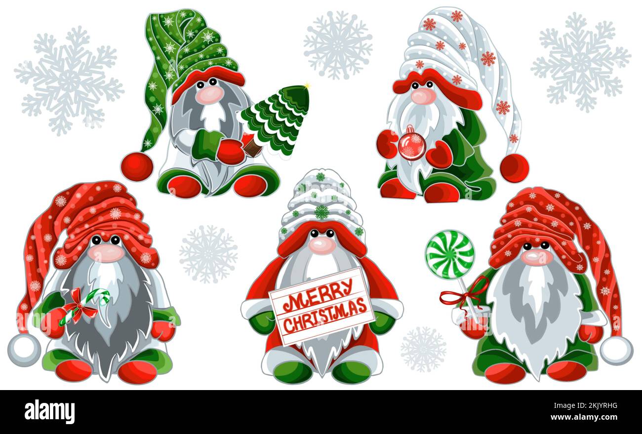 Jolis gnomes de Noël et flocons de neige. Illustration JPEG clipart pour les autocollants, la création de motifs, le papier peint, le papier d'emballage, les cartes postales. Banque D'Images