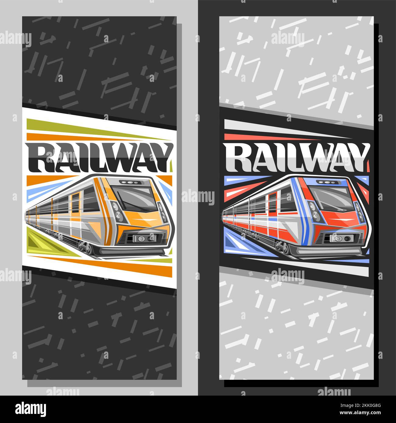 Bannière verticale vectorielle pour le chemin de fer, brochure décorative avec illustration du train orange se précipitant par chemin de fer, coupon d'expédition avec lettre unique de brosse Illustration de Vecteur