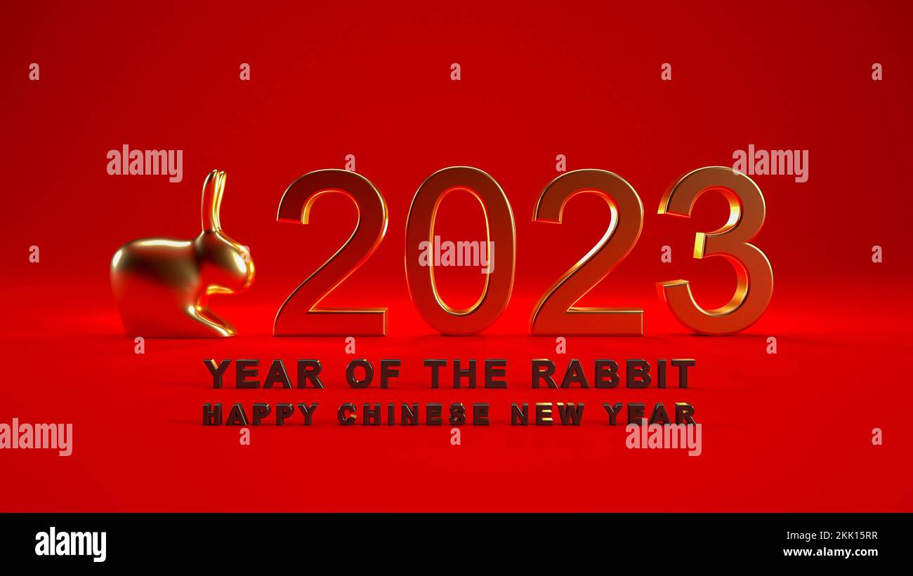 Joyeux texte chinois du nouvel an 2023 3D, année du concept de lapin isolé sur fond rouge. Banque D'Images