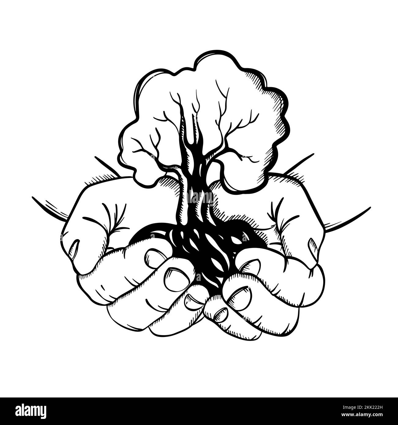 MAINS TENANT L'ARBRE Human Palms avec symbole de la nouvelle vie et de la croissance dans la forme de croissance de la plante en style esquisse Monochrome clip Art Vector Illustration Illustration de Vecteur