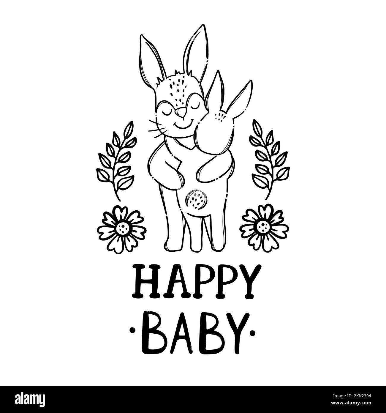 HEUREUX BÉBÉ ENFANTS Fête des mères relation parentale mignon Hares animaux ami à ami écriture manuscrite texte Monochrome dessin main clip Art Vector illustrat Illustration de Vecteur