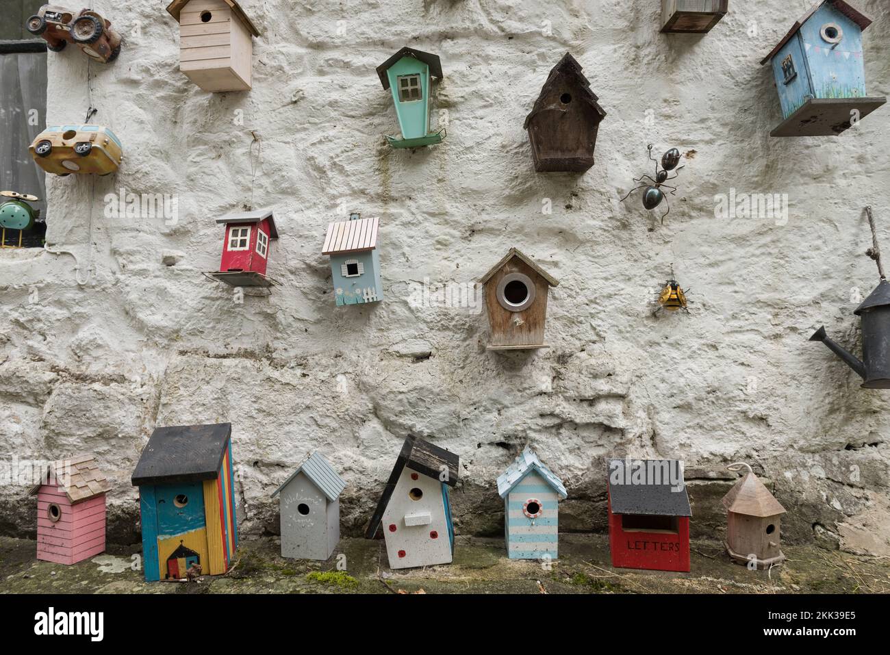 Déménagement à la maison ou à la maison une vaste sélection de différents styles de boîtes à oiseaux pour les petits oiseaux sur le mur blanchi à la chaux fournissent un bon choix pour le propriétaire à la maison Banque D'Images