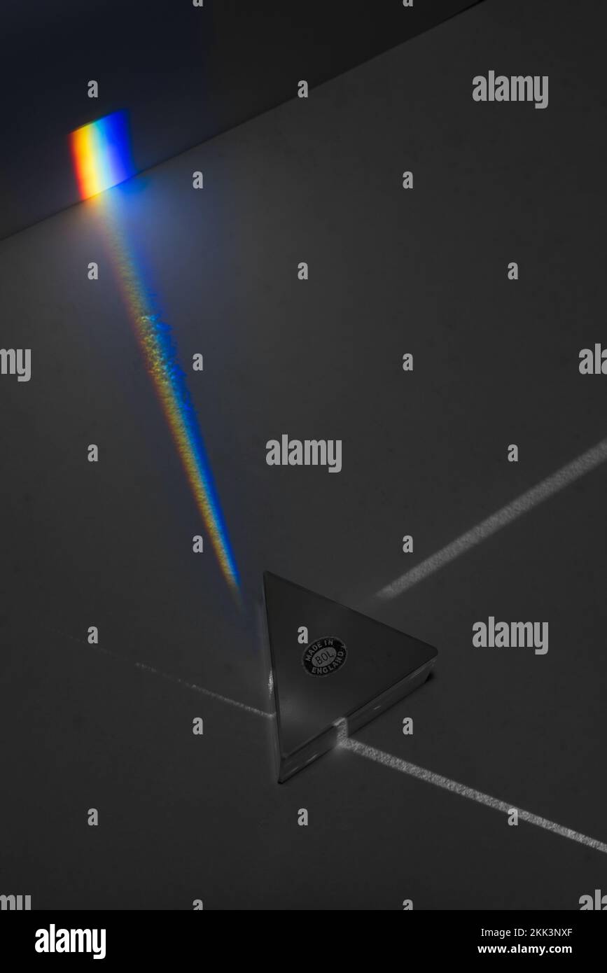 Dispersion de la lumière blanche dans les couleurs du spectre à mesure que les différentes longueurs d'onde se déplacent à différentes vitesses dans le prisme de verre projeté sur l'écran papier Banque D'Images