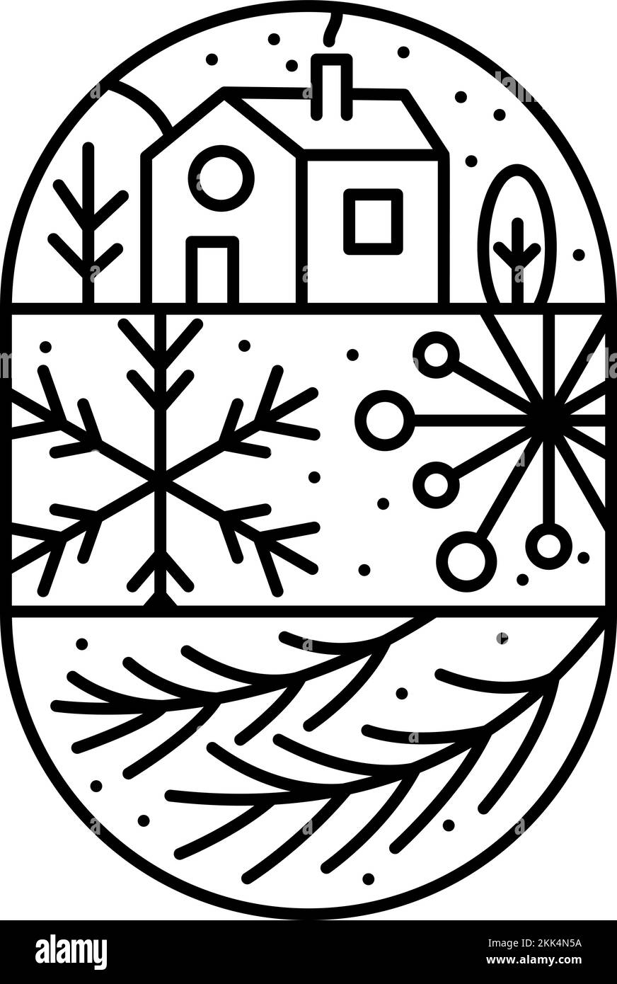Logo de Noël composition de l'Avent flocon de neige, branches, maison et arbres. Constructeur de vecteur d'hiver monoline dessiné à la main dans un cadre demi-rond et Illustration de Vecteur