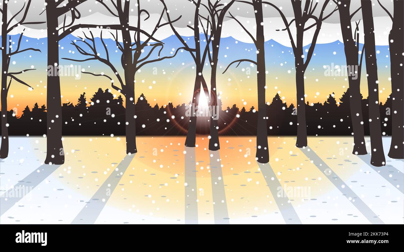 Scène d'hiver avec forêt de neige et lumière du soleil. Illustration vectorielle Illustration de Vecteur