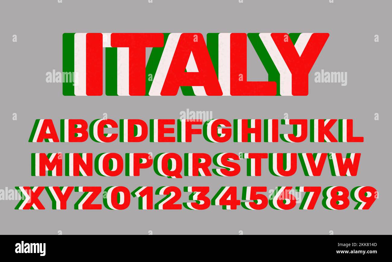 Police italienne, jeu de lettres de l'alphabet et chiffres avec