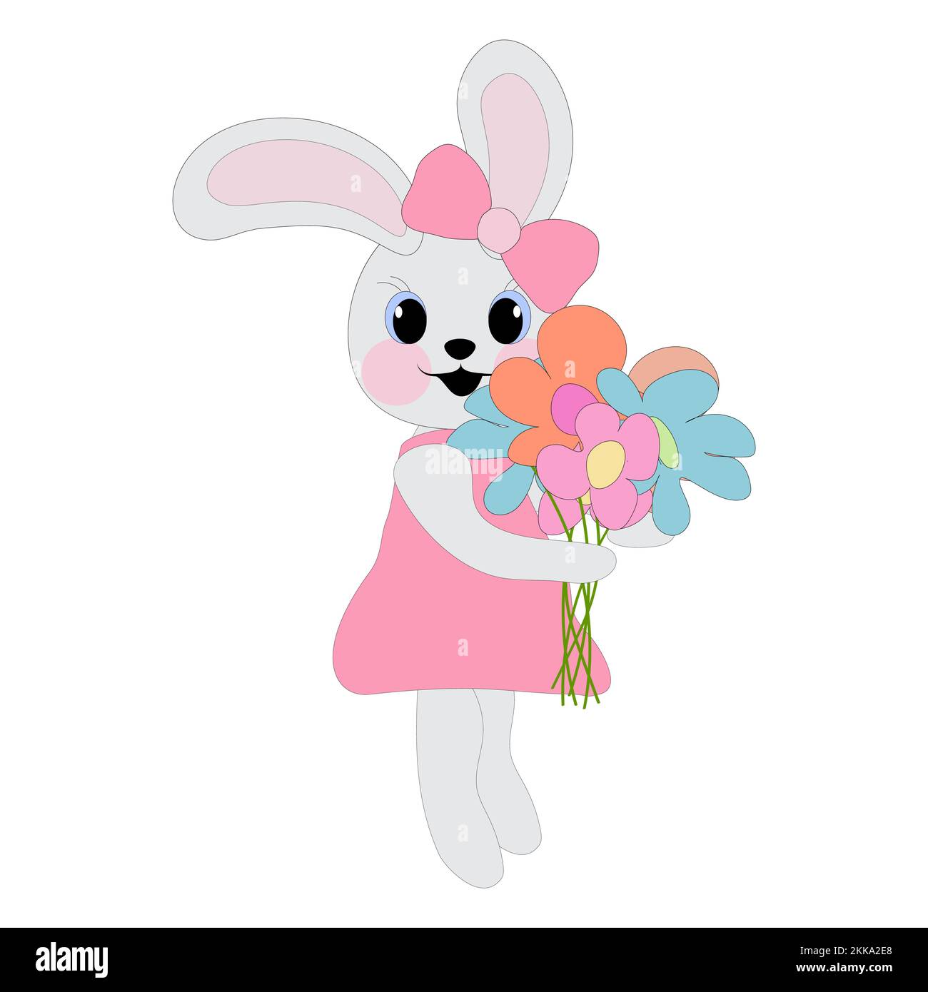 Lapin fille dans une robe rose tenant des fleurs dans ses pattes. Symbole de 2023. Concept de Pâques. Livre de coloriage pour enfants. Image vectorielle. Illustration de Vecteur