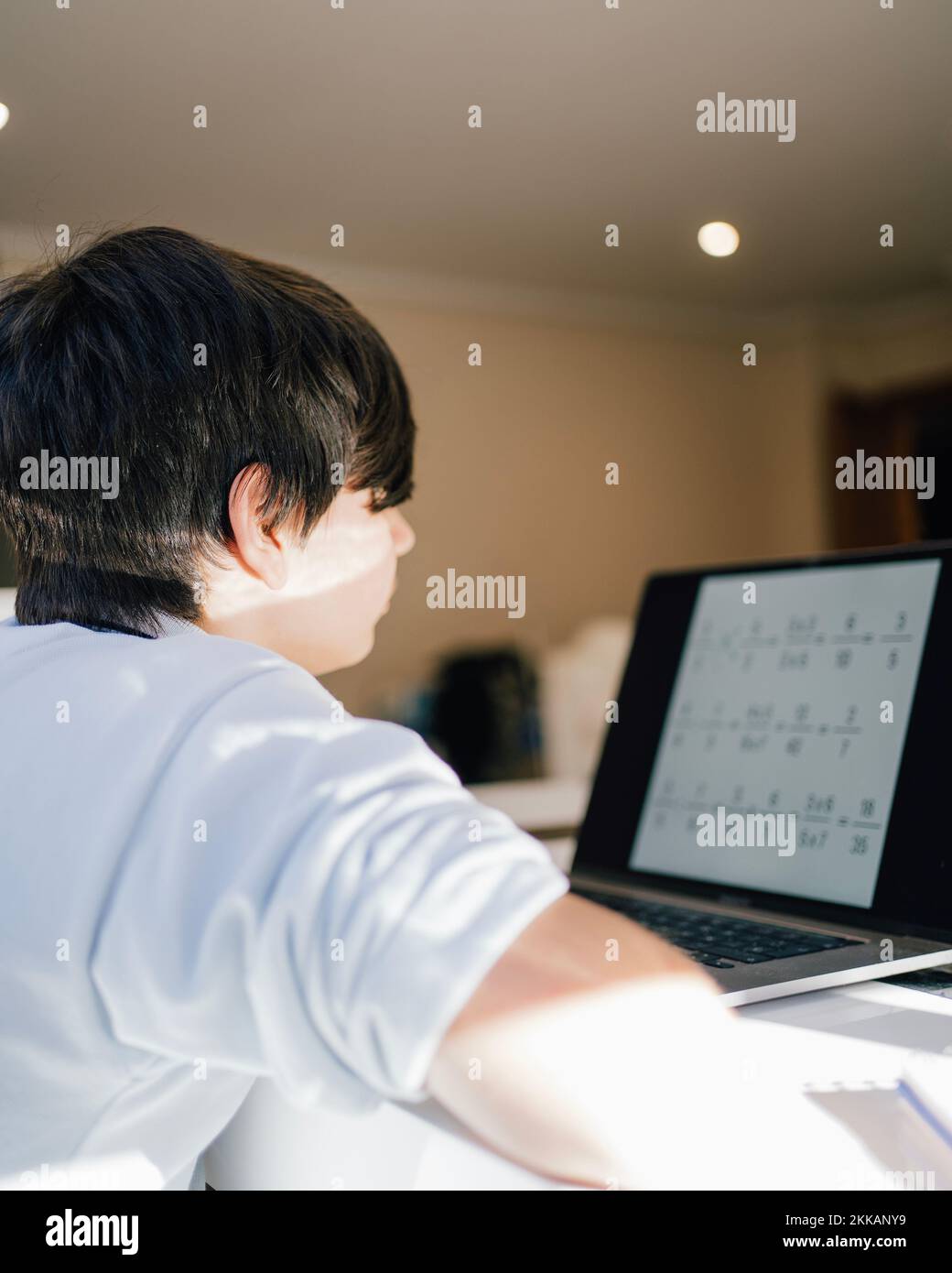 Formation à distance. Garçon apprend les mathématiques en regardant un ordinateur portable. Concept de l'éducation en ligne, de l'éducation à domicile, de la technologie Banque D'Images