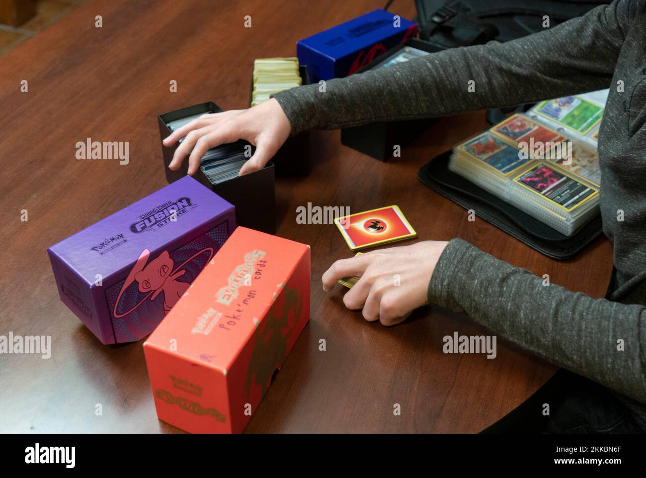 Austin Texas Etats-Unis, 24 novembre 2022: Garçon de 14 ans trie sa collection de cartes Pokémon pendant une pause dans les activités de Thanksgiving dîner dans la maison d'un parent. ©Bob Daemmrich Banque D'Images