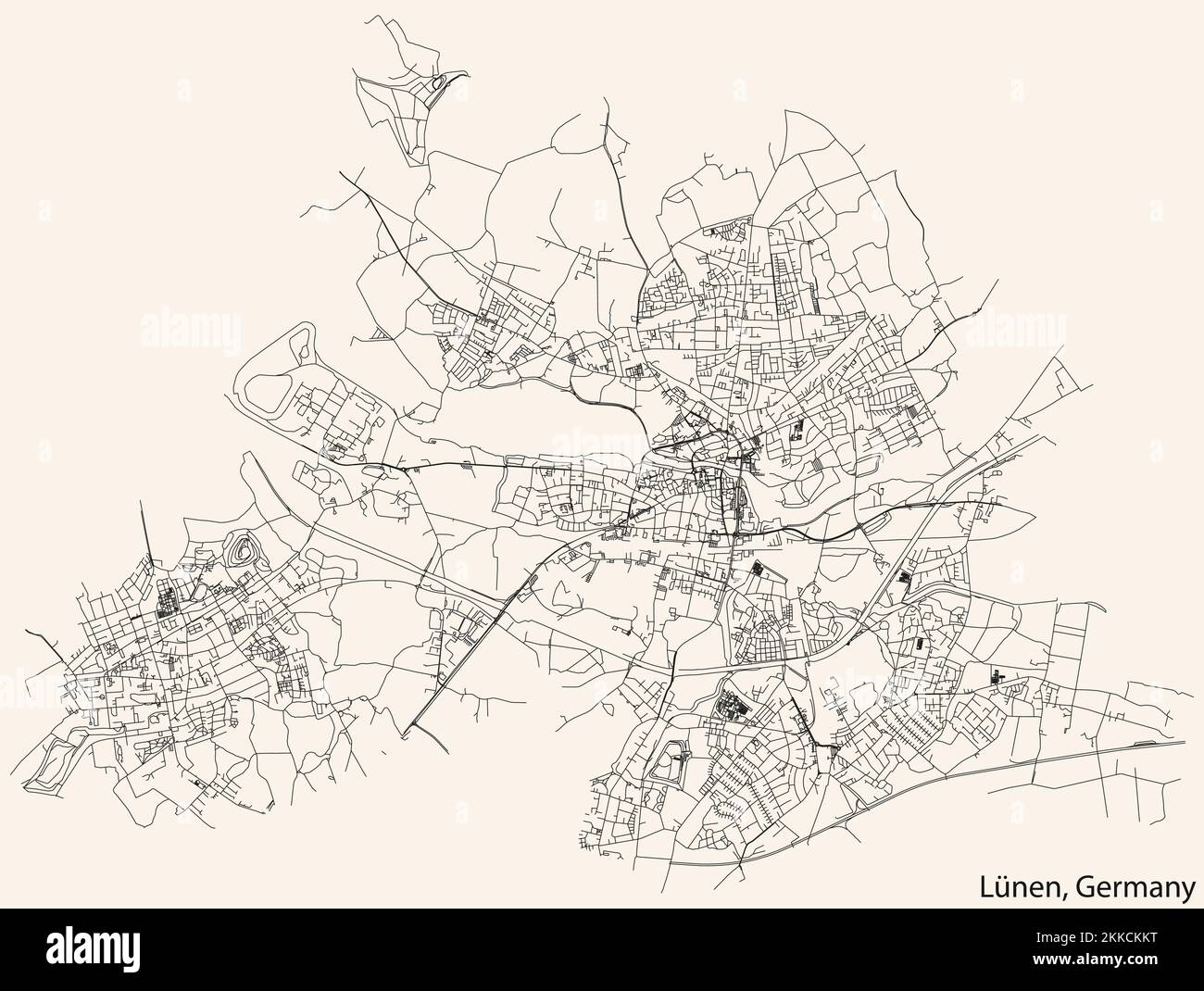 Navigation détaillée lignes noires rues urbaines carte de la capitale régionale allemande de LÜNEN, ALLEMAGNE sur fond beige vintage Illustration de Vecteur