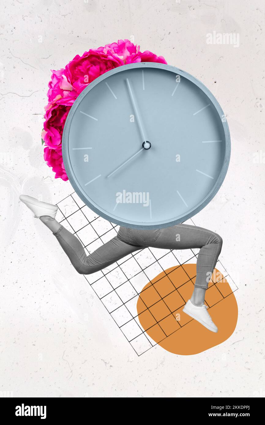 Montage vertical illustration de l'horloge femmes jambes en cours saut pivoine fleurs bouquet de productivité efficacité libre Self Care temps concept Banque D'Images