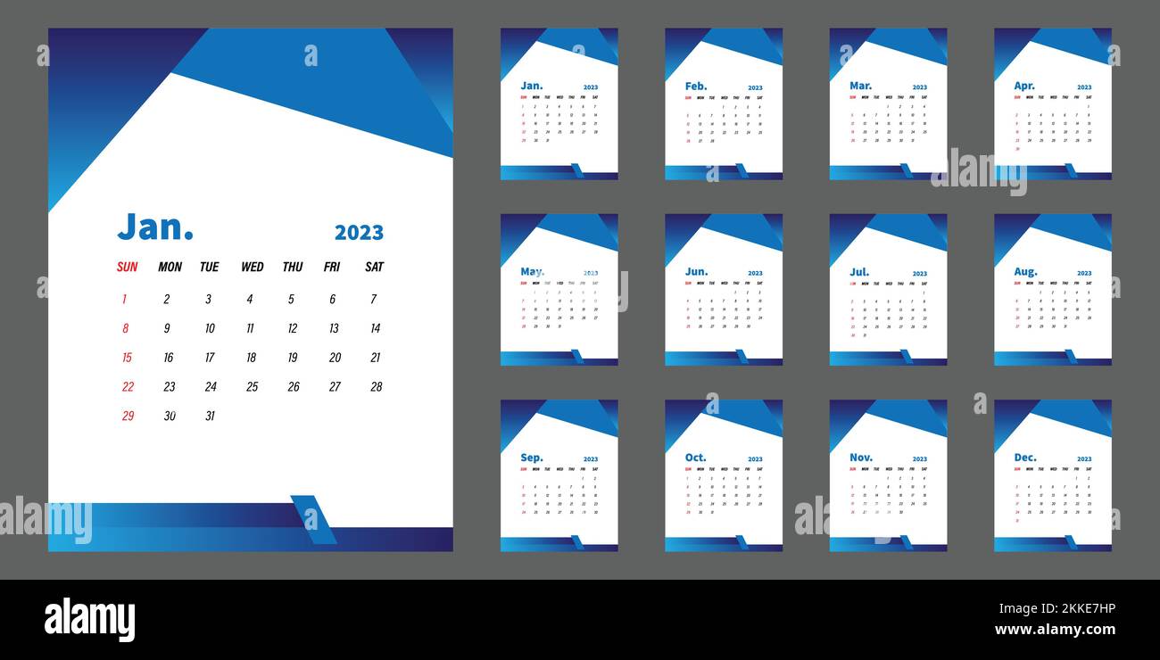 Modèle vectoriel de conception de calendrier de bureau 2023, nouvelle bannière de calendrier de bureau et de mur avec des formes créatives et dynamiques pour la conception de médias sociaux prêts à imprimer. Illustration de Vecteur