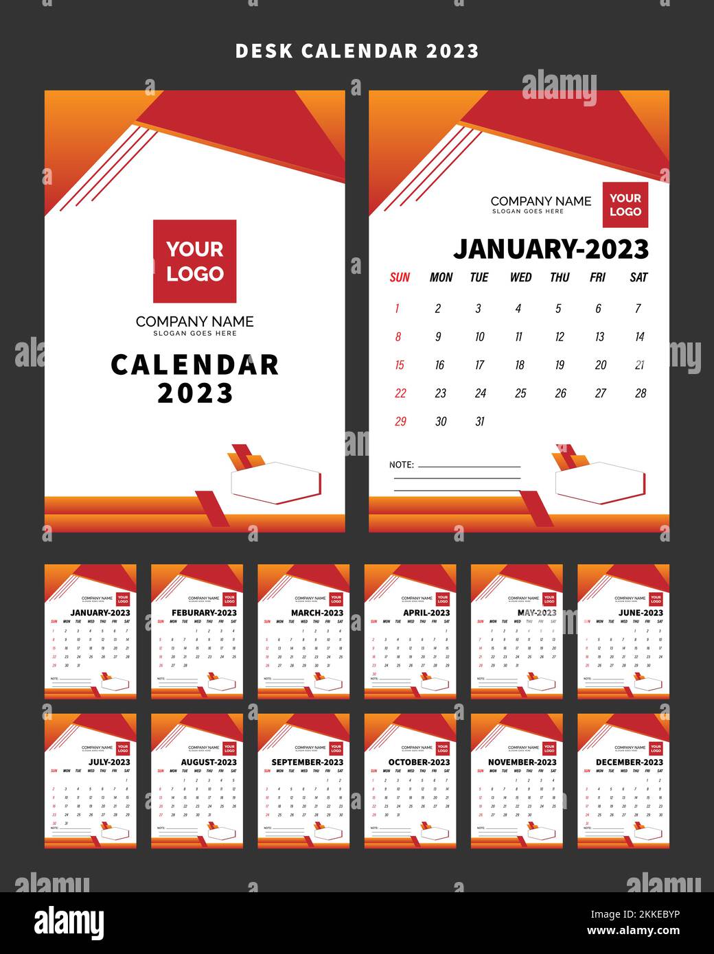 Modèle vectoriel de conception de calendrier de bureau 2023, nouvelle bannière de calendrier de bureau et de mur avec des formes créatives et dynamiques prêtes pour l'impression de médias sociaux. Illustration de Vecteur