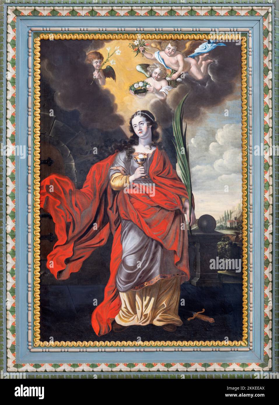 CHIAVENNA, ITALIE - 20 JUILLET 2022 : la peinture de Saint Barbara dans l'église Chiesa di Santa Maria par artiste inconnu (1662). Banque D'Images