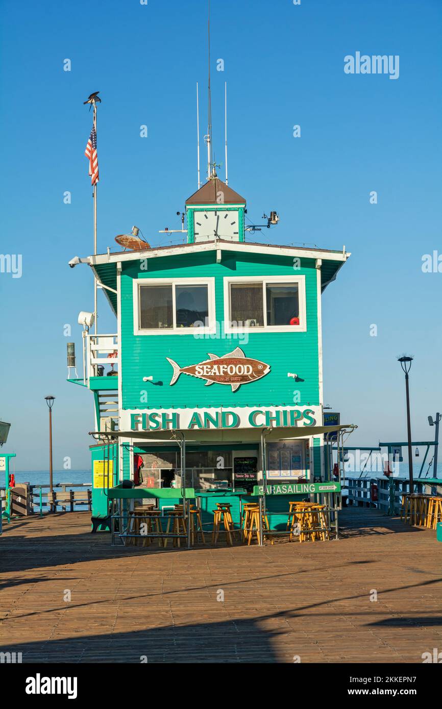 Californie, Catalina Island, Avalon Harbour, Green Pleasure Pier, restaurant de fruits de mer Banque D'Images