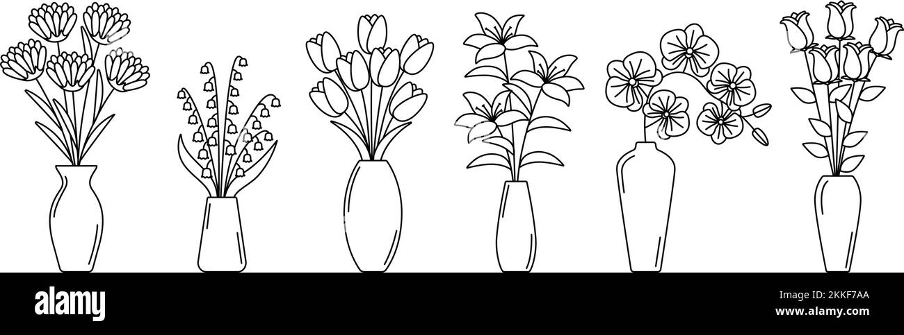 Ensemble de contours de vases avec fleurs. Collection de bouquets de fleurs en ligne dans des vases, illustration vectorielle Illustration de Vecteur