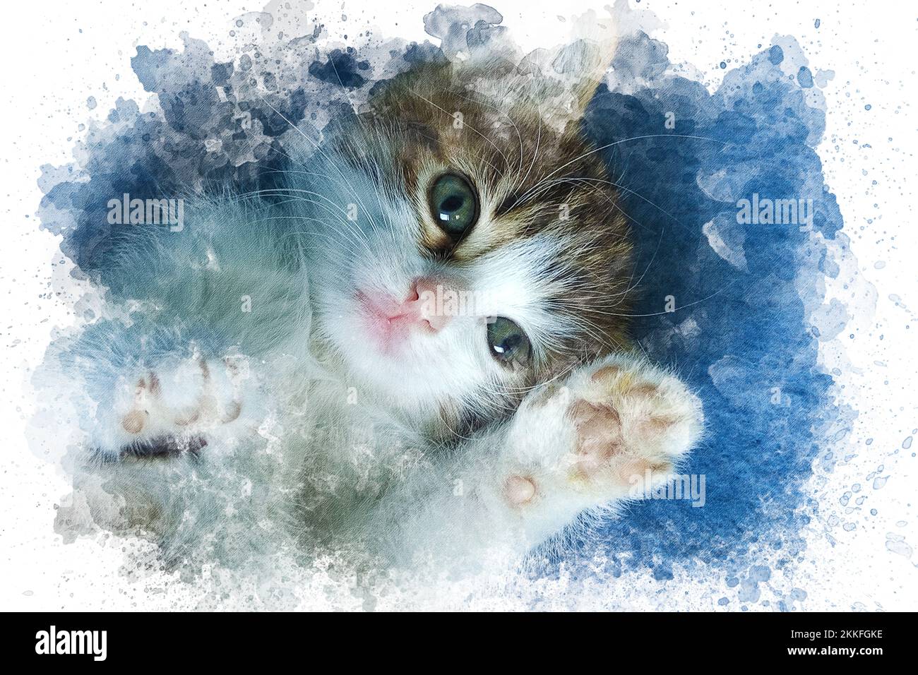 arrière-plan de l'illustration aquarelle du chaton. Joli adorable chat regardant l'appareil photo. Fond d'écran de mise en plan aquarelle. Canevas imprimable Banque D'Images