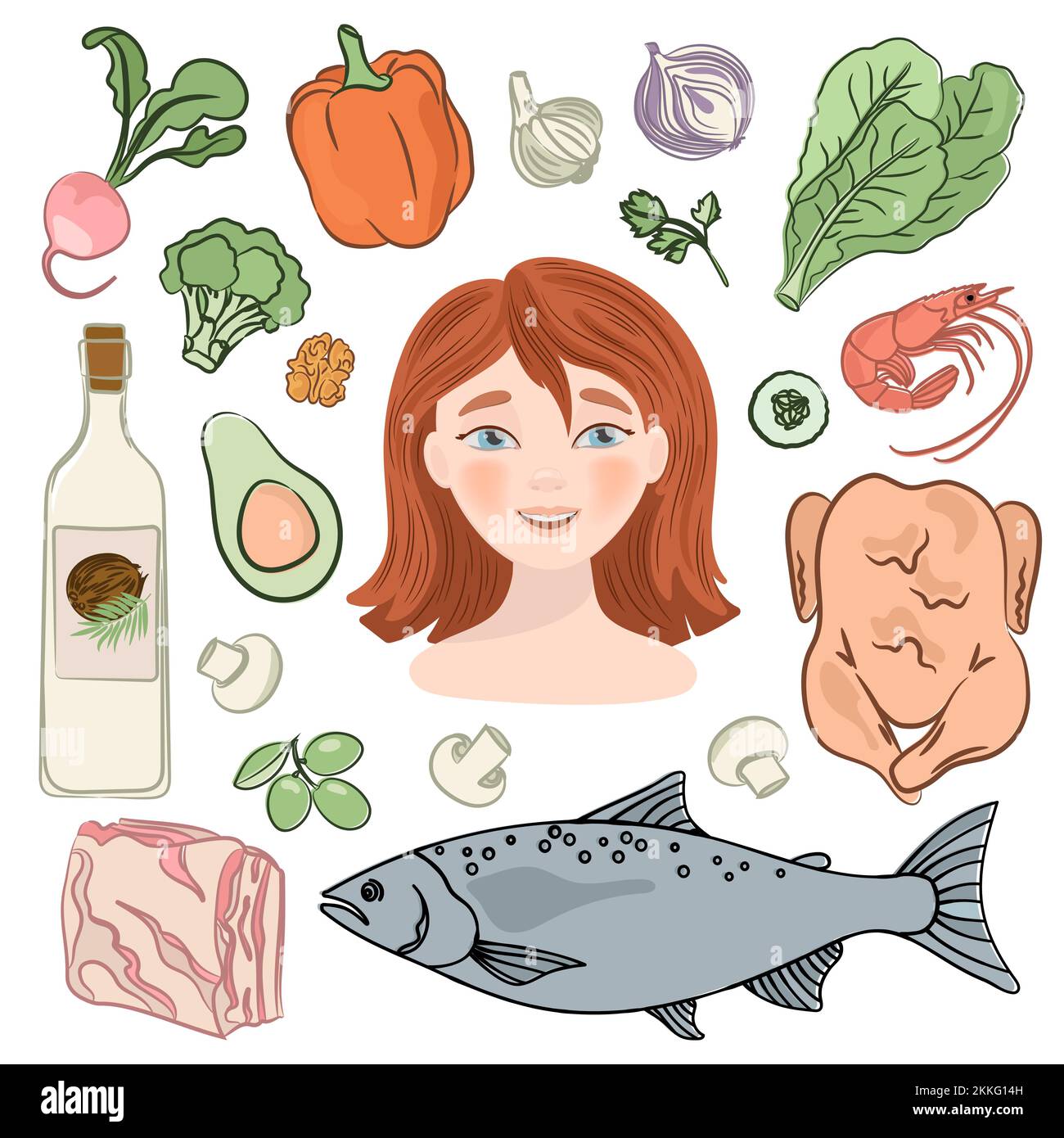 KETO FEMME nourriture saine naturelle Paleo Diet Nutrition famille clip Art Vector Illustration Set for Print Illustration de Vecteur