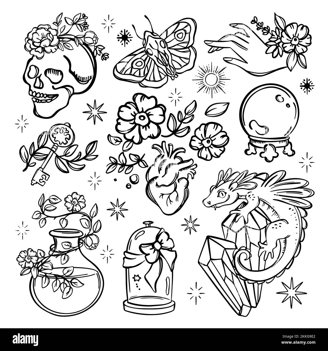 LOVE MAGIC SET Alchemic Monochrome Eléments Halloween Astrologie Estérique Occult sorcellerie esquisse Doodle fait main objets magiques symboles pour le design Illustration de Vecteur