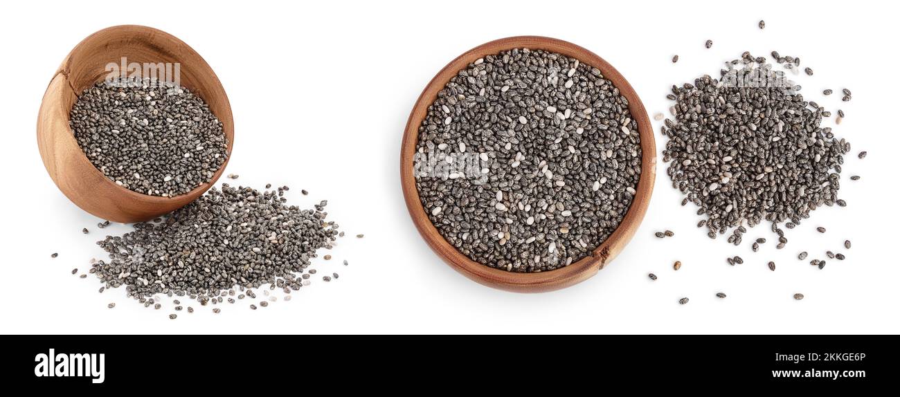 Graines de Chia dans un bol en bois isolé sur fond blanc avec pleine profondeur de champ Banque D'Images