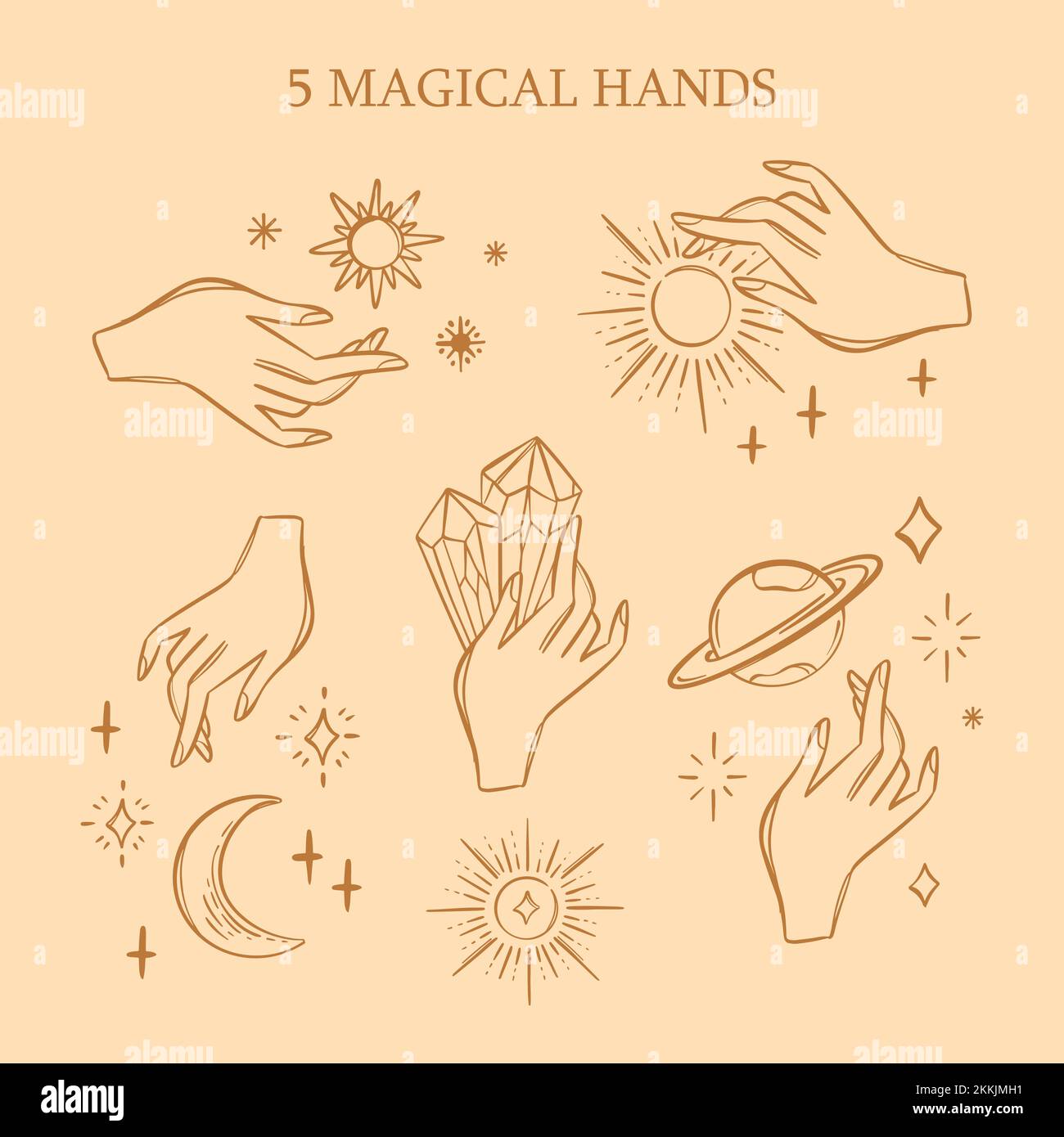 MAGIC HANDS variations astrologiques jeu de symboles pour carte de Tarot Occult ésotérique sorcellerie dessinée à la main Alchemist objets Halloween esquisse Design Collecti Illustration de Vecteur