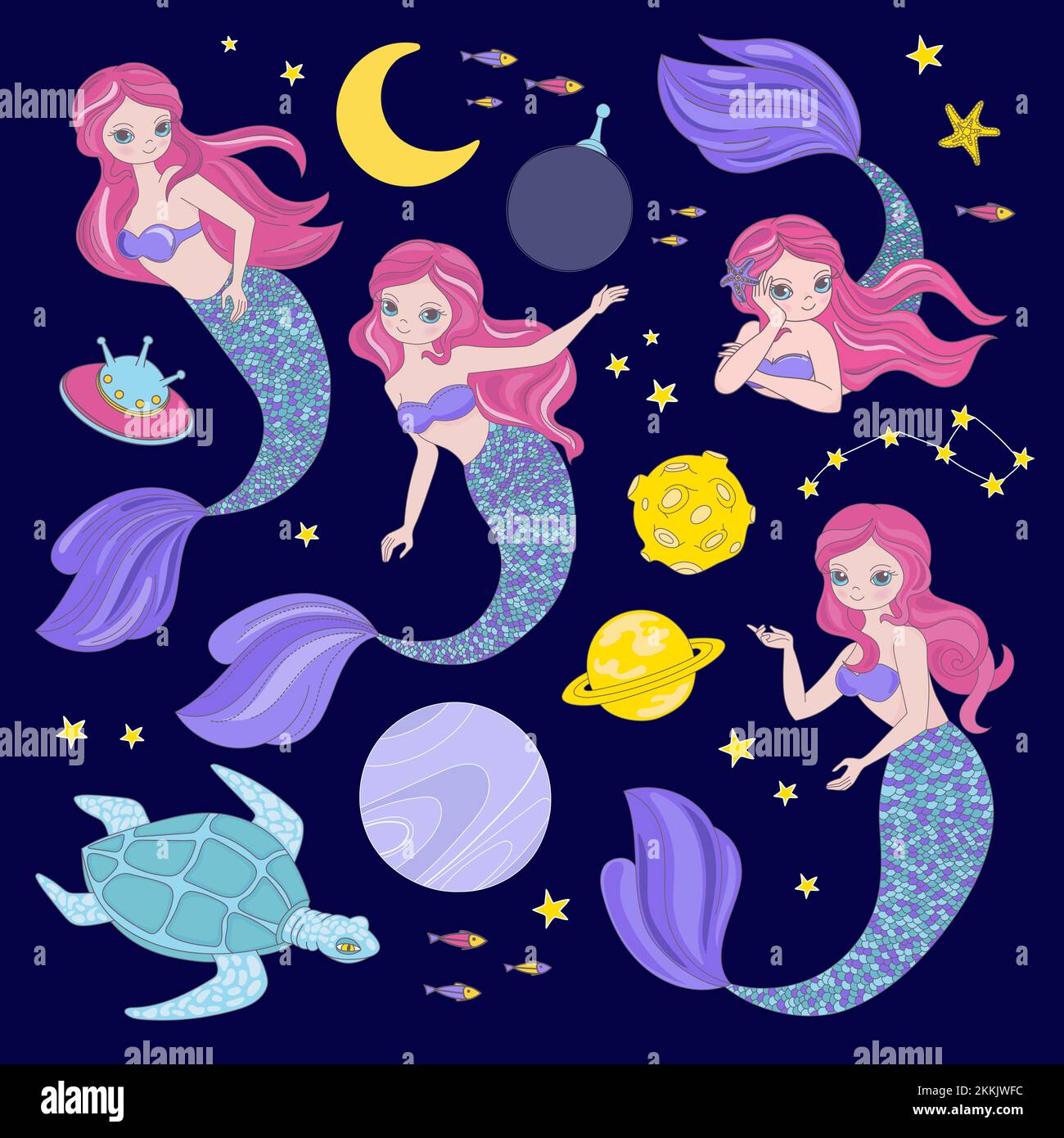 MERMAID CONSTELLATION Cartoon Cosmos Galactic Princess Journey clip Art Vector Illustration Set for Print Illustration de Vecteur