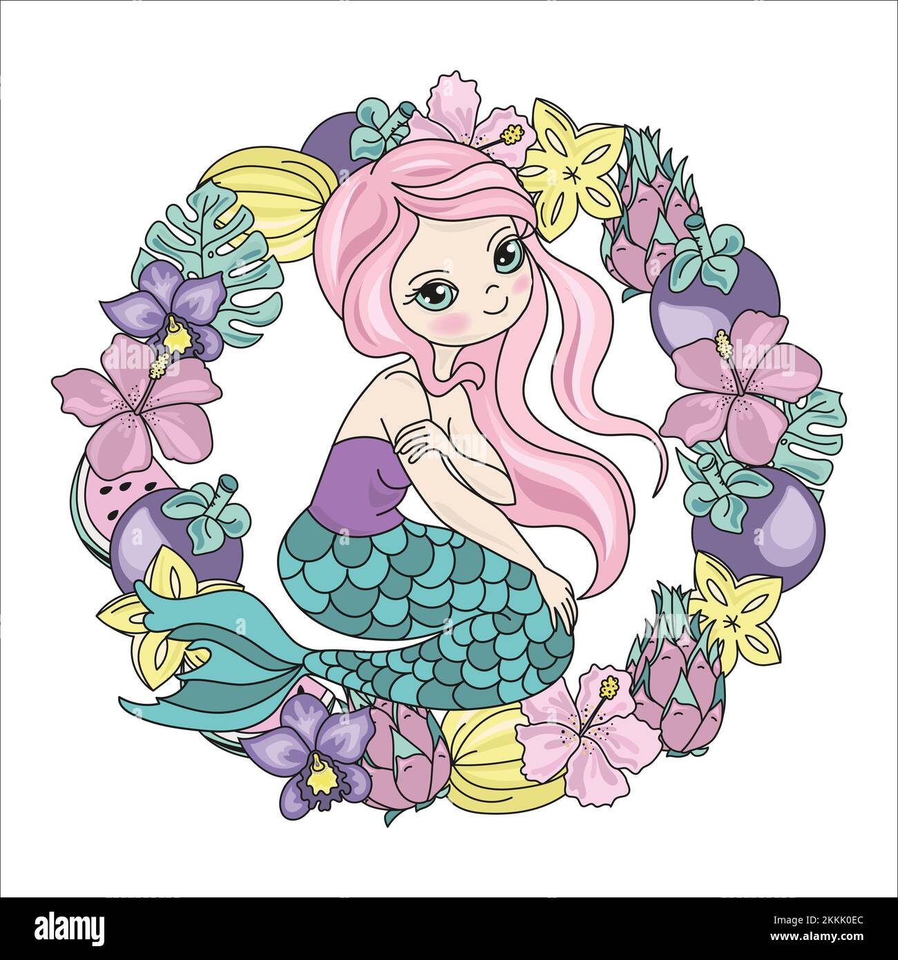 MERMAID FRUITS mer sous-marin Princess Girl Floral Wreath Cartoon Voyage Tropical clip Art Vector Illustration Set pour l'impression Illustration de Vecteur