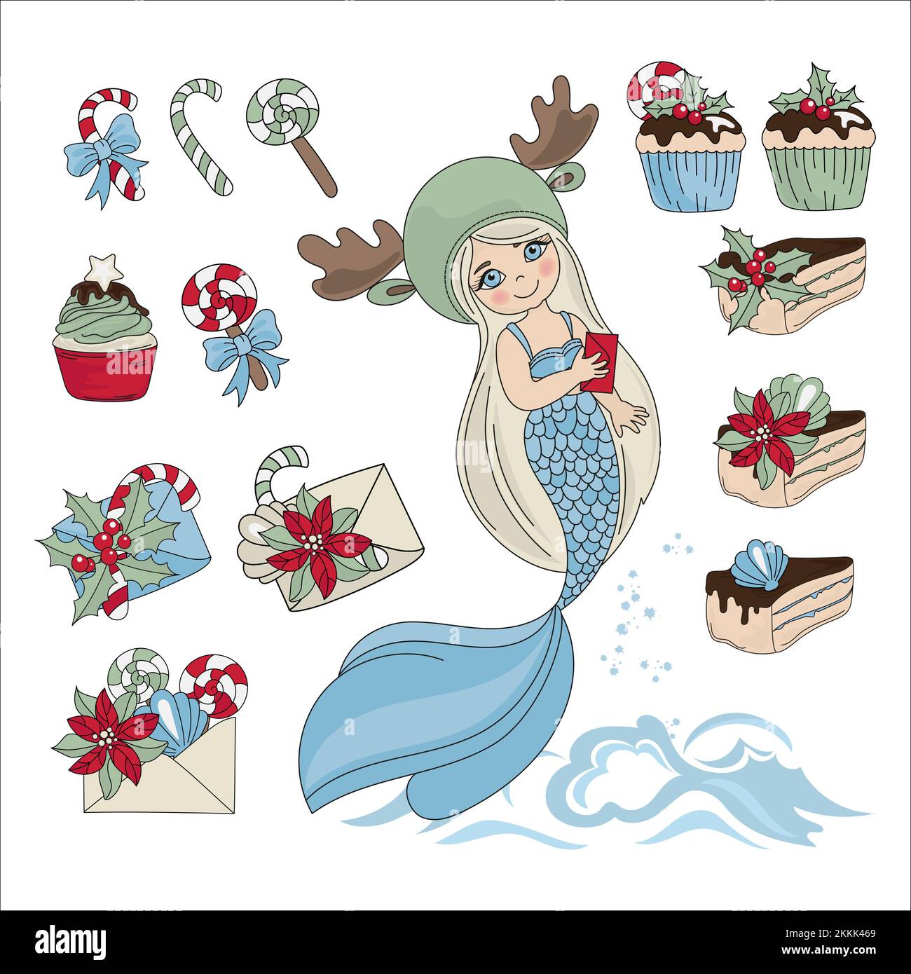 MERMAID SWEET SET Mer sous-marin Princesse fille Joyeux Noël nouvel an clip d'hiver Art Vector Illustration Collection for Print Illustration de Vecteur